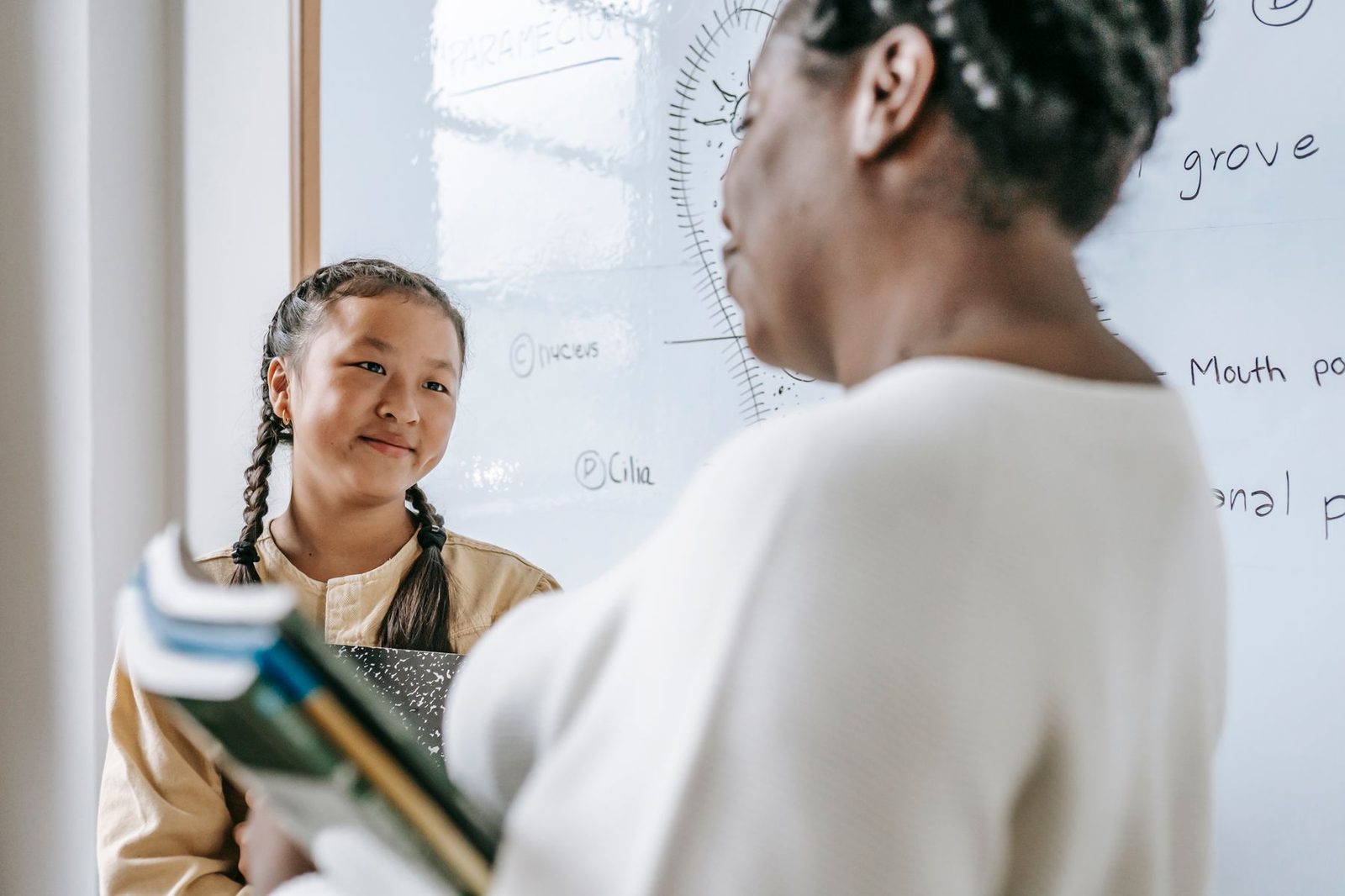 A student and a teacher talking in a classroom.