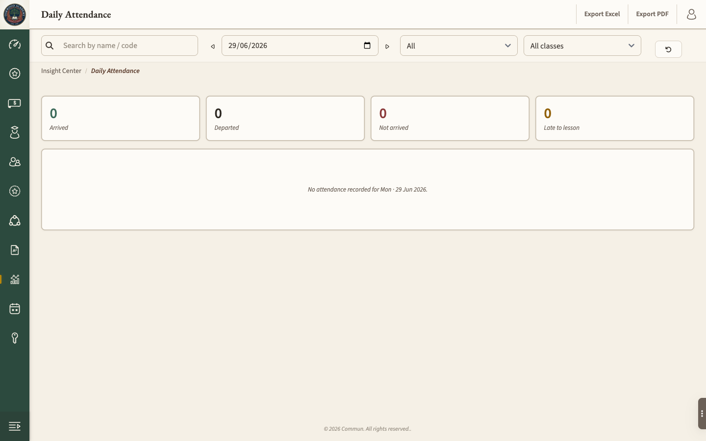 Screenshot — daily dashboard with present/absent counts by class + drill-down