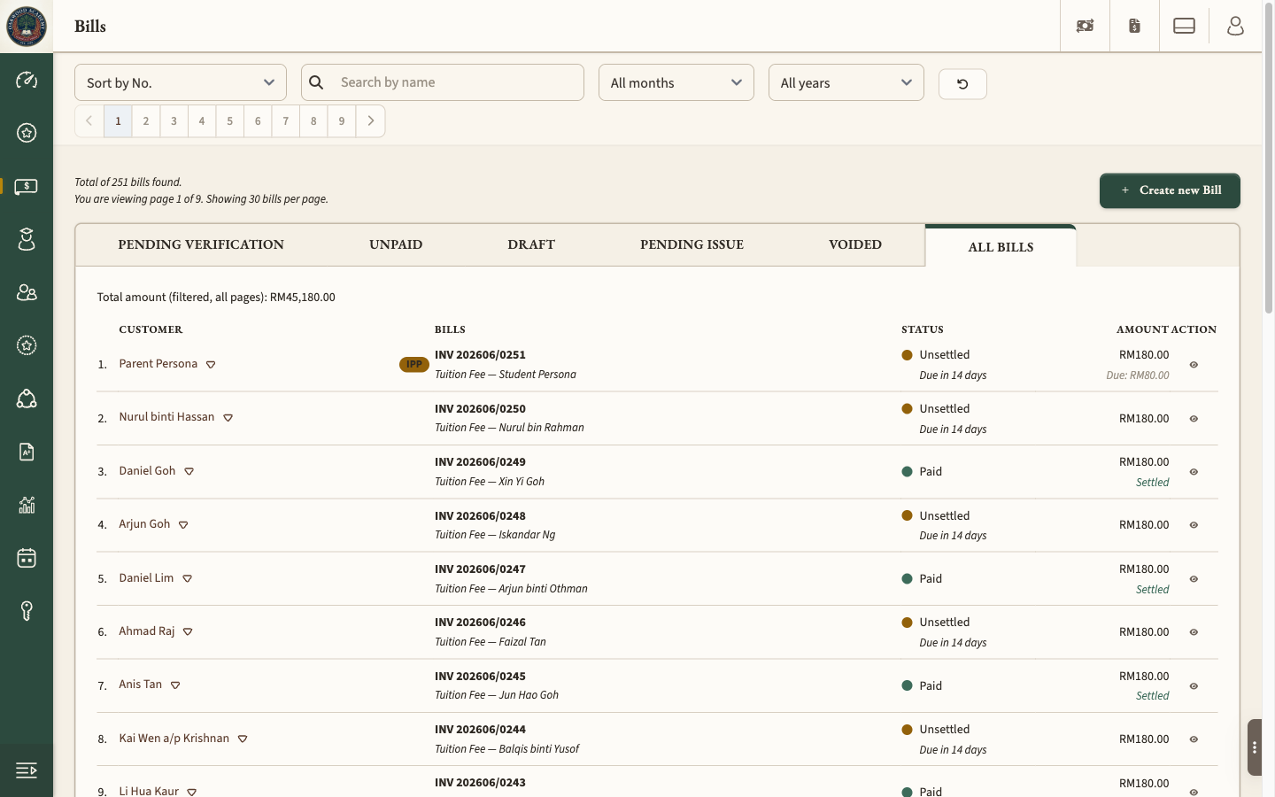 Screenshot — bills list with status, amount (right-aligned MYR), payment method and MyInvois status column