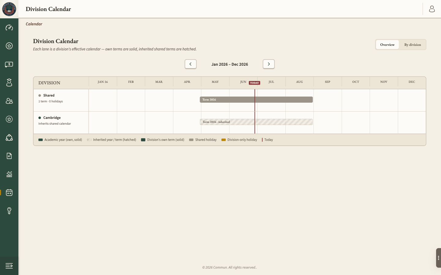 Screenshot — academic year setup with terms and holidays marked on a calendar view