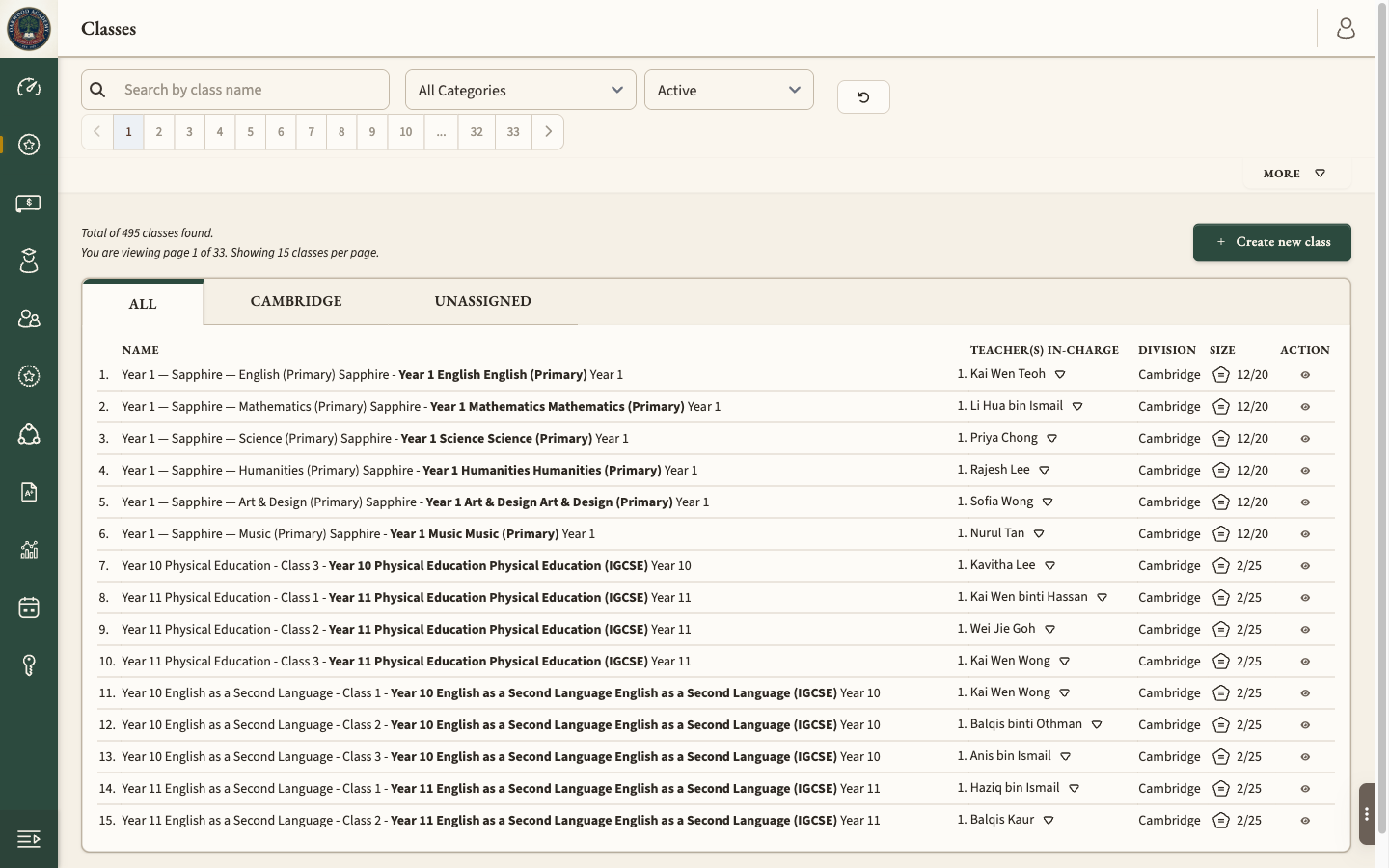 Screenshot — classes list across programmes with student counts and assigned teachers