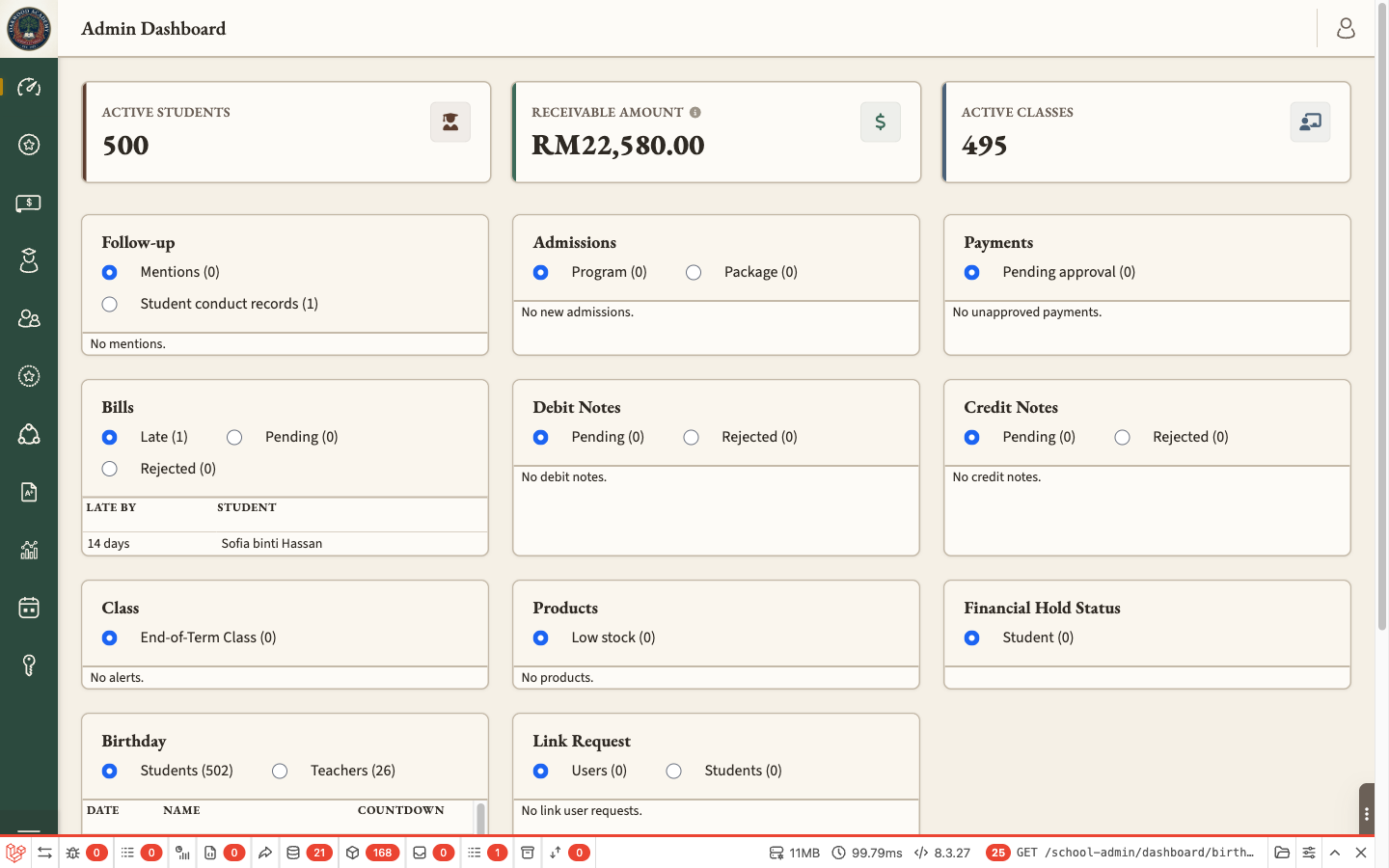 Screenshot — head-of-school dashboard: enrolment, attendance % and collections health tiles